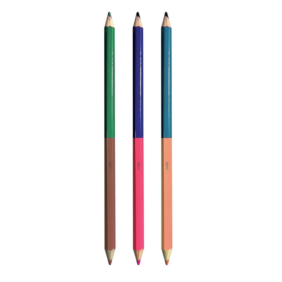 A close-up of three dual-ended pencils, highlighting the two different coloured tips and the high-quality wood barrel.