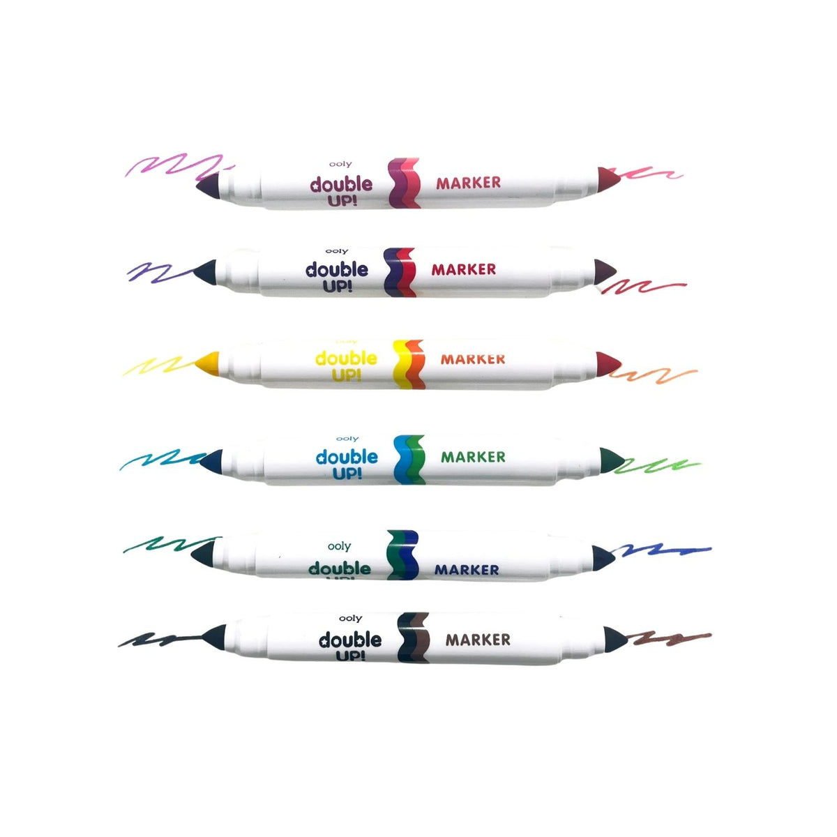 All 6 markers arranged in a row to showcase the full 12-colour spectrum, from bold primaries to bright secondary tones.