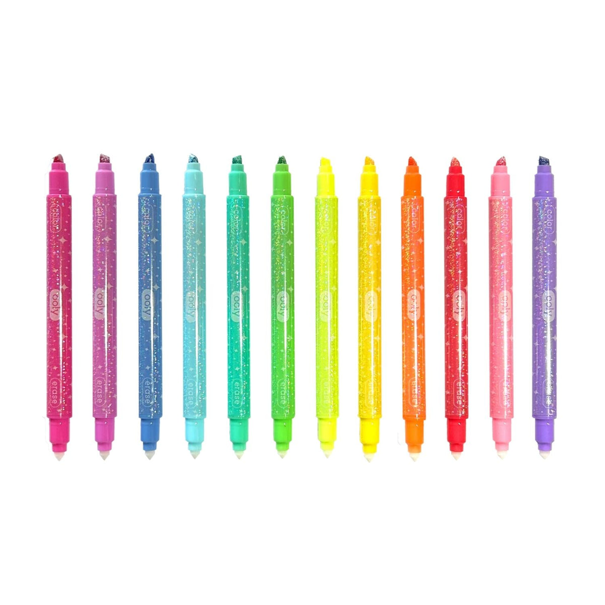 Set of colorful glitter, erasable markers on a white background