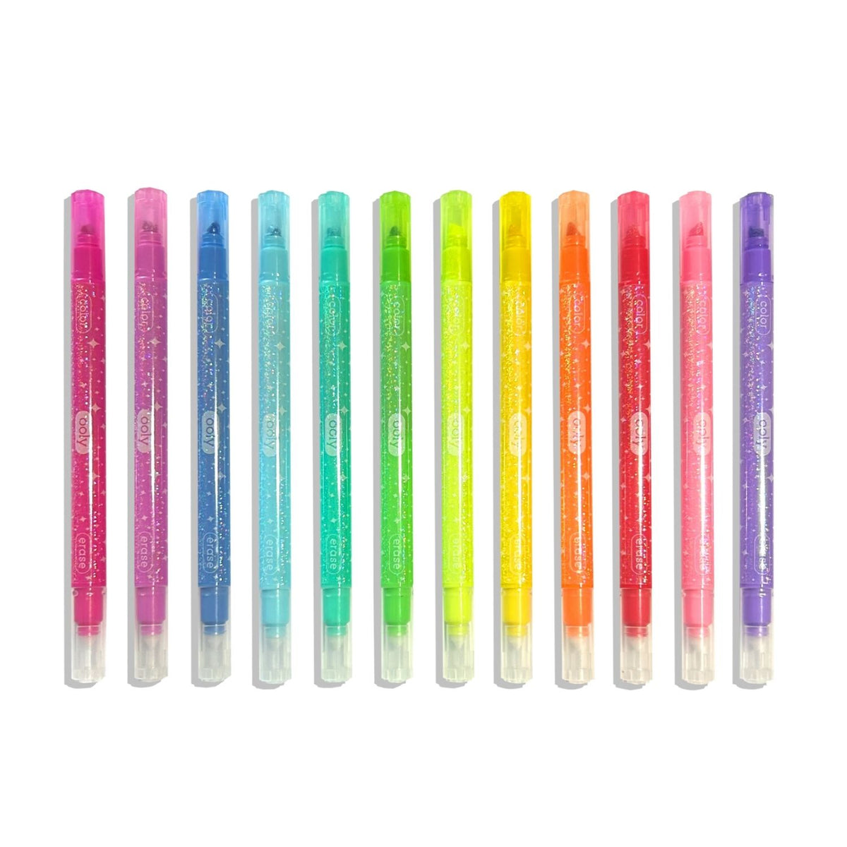 Set of colourful, erasable, glitter markers on a white background