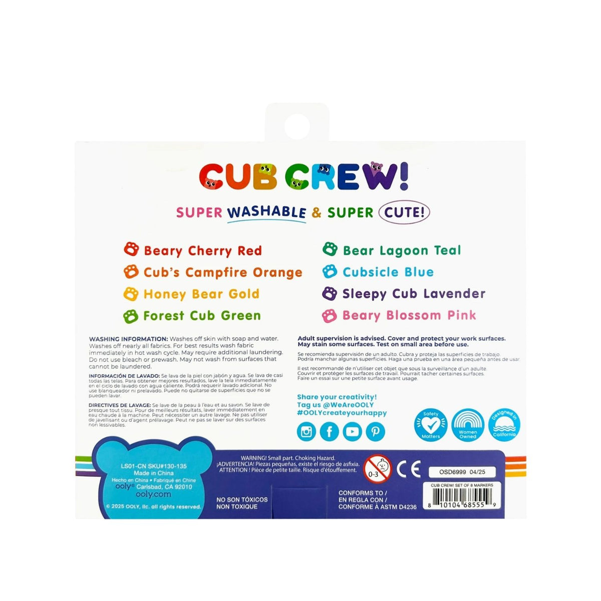 The Cub Crew Washable Markers set packaging featuring 8 bear-themed markers in a vibrant rainbow of colours, displayed.