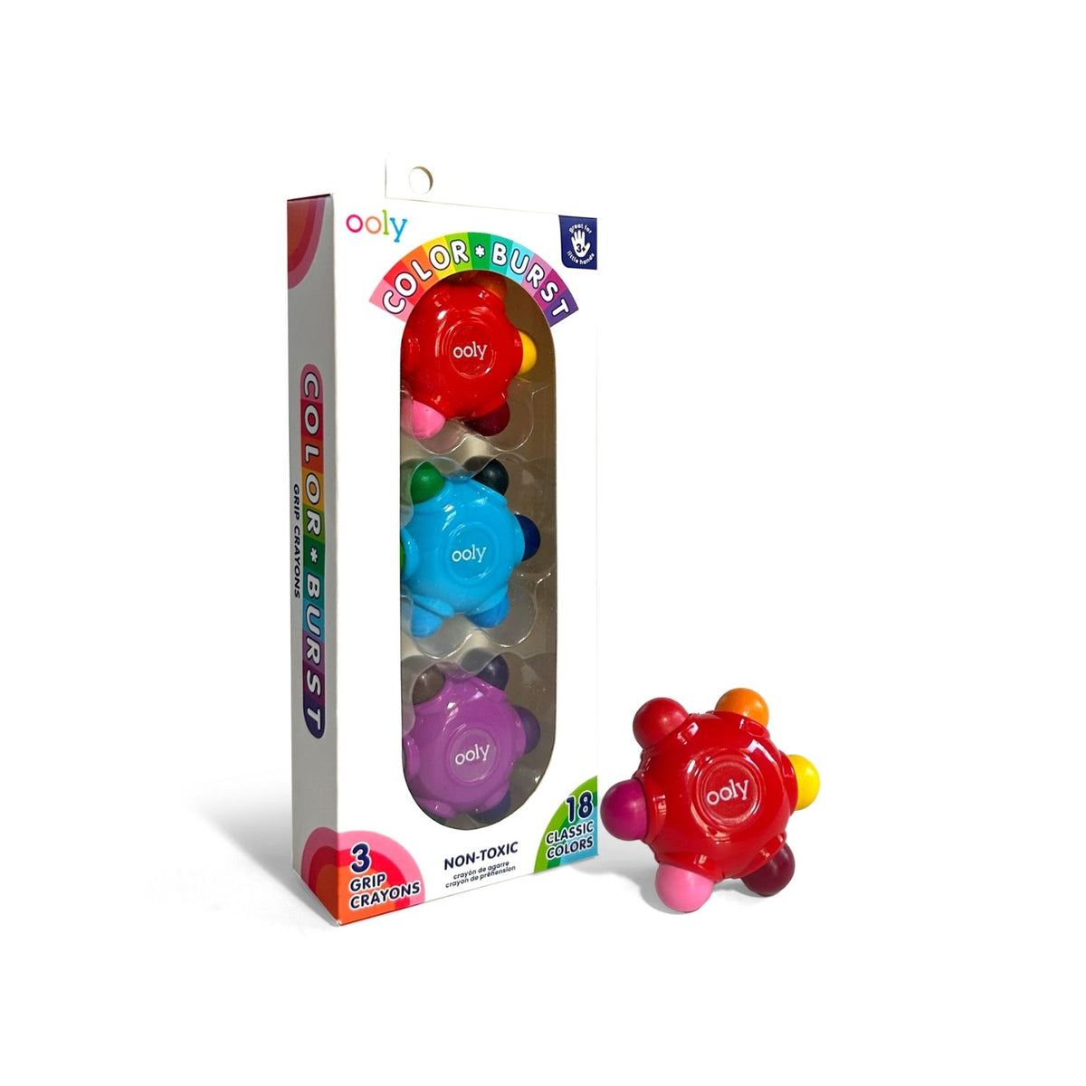 18 colours in 3 chunky flower crayons! These break-resistant, easy-grip crayons won't roll off the table. A frustration-free art experience for toddlers.