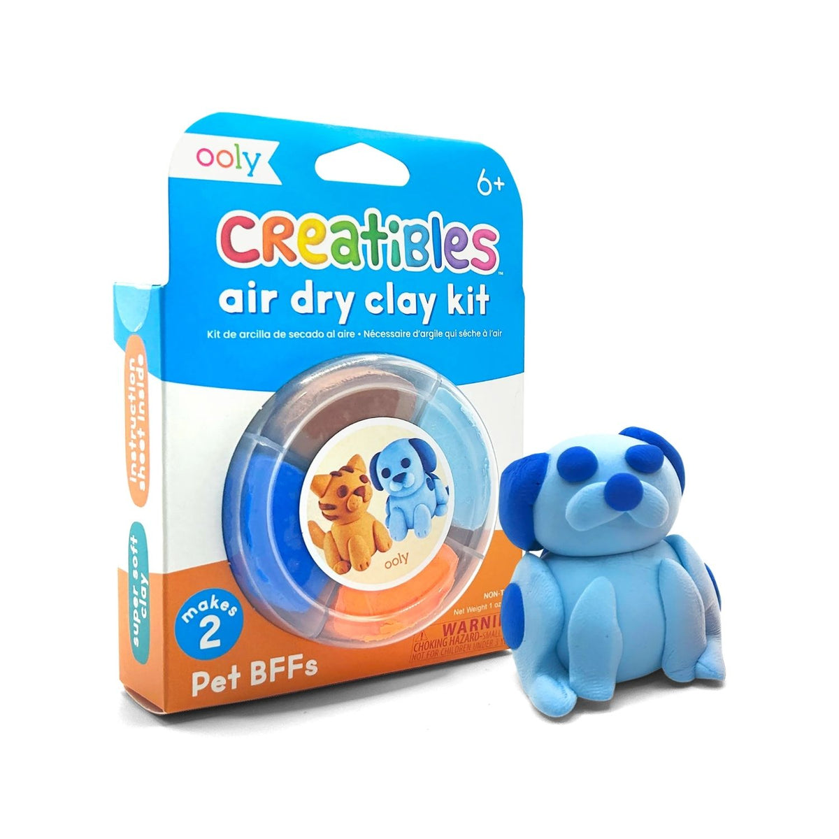 Ooly Creatibles air dry clay kit packaging with a finished blue clay dog figure 