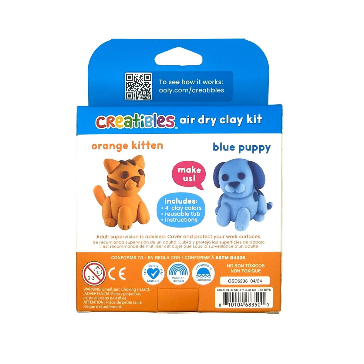 Creatibles air dry clay kit packaging with orange kitten and blue puppy illustrations