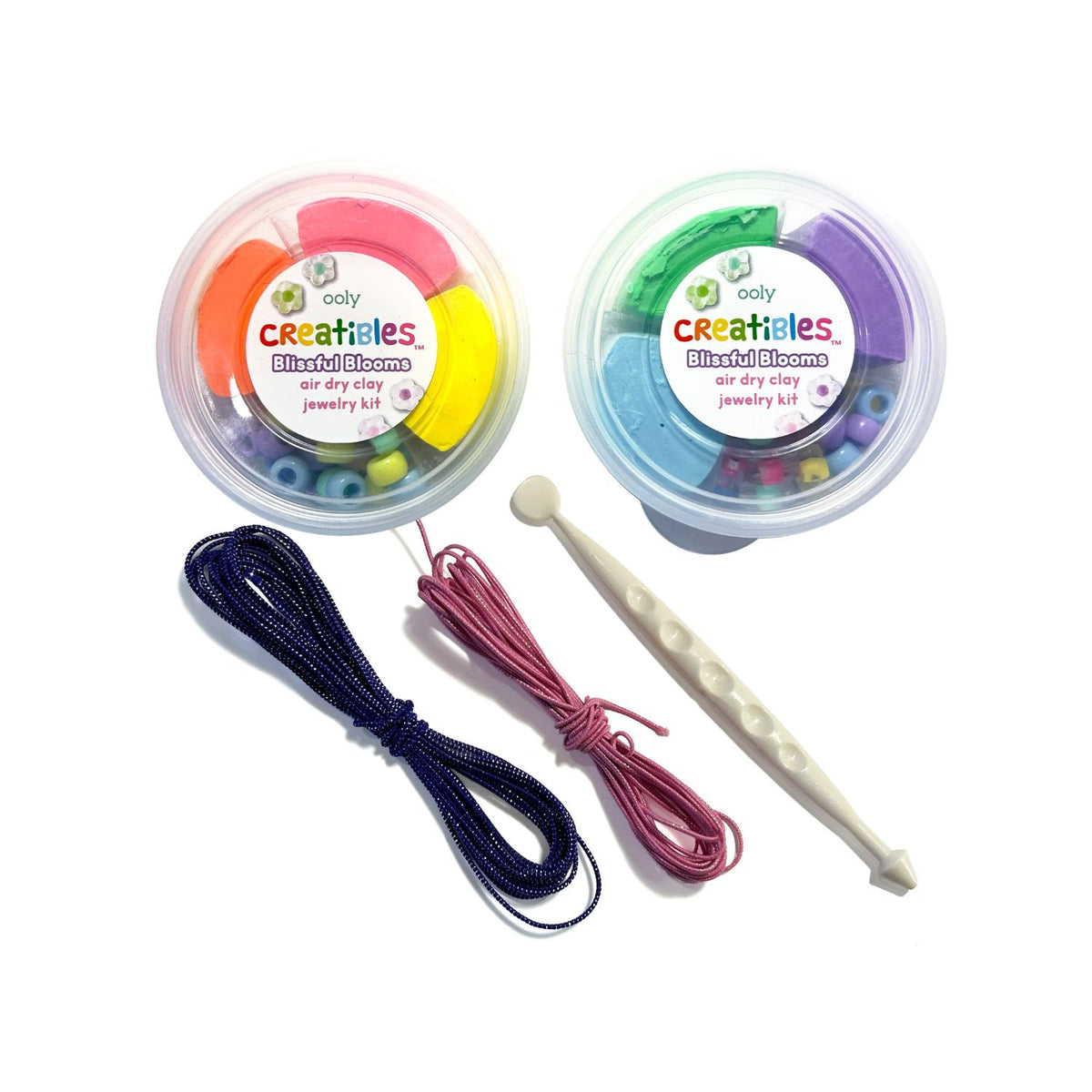 Two containers of air dry clay jewelry kits with colorful strings and a tools 
