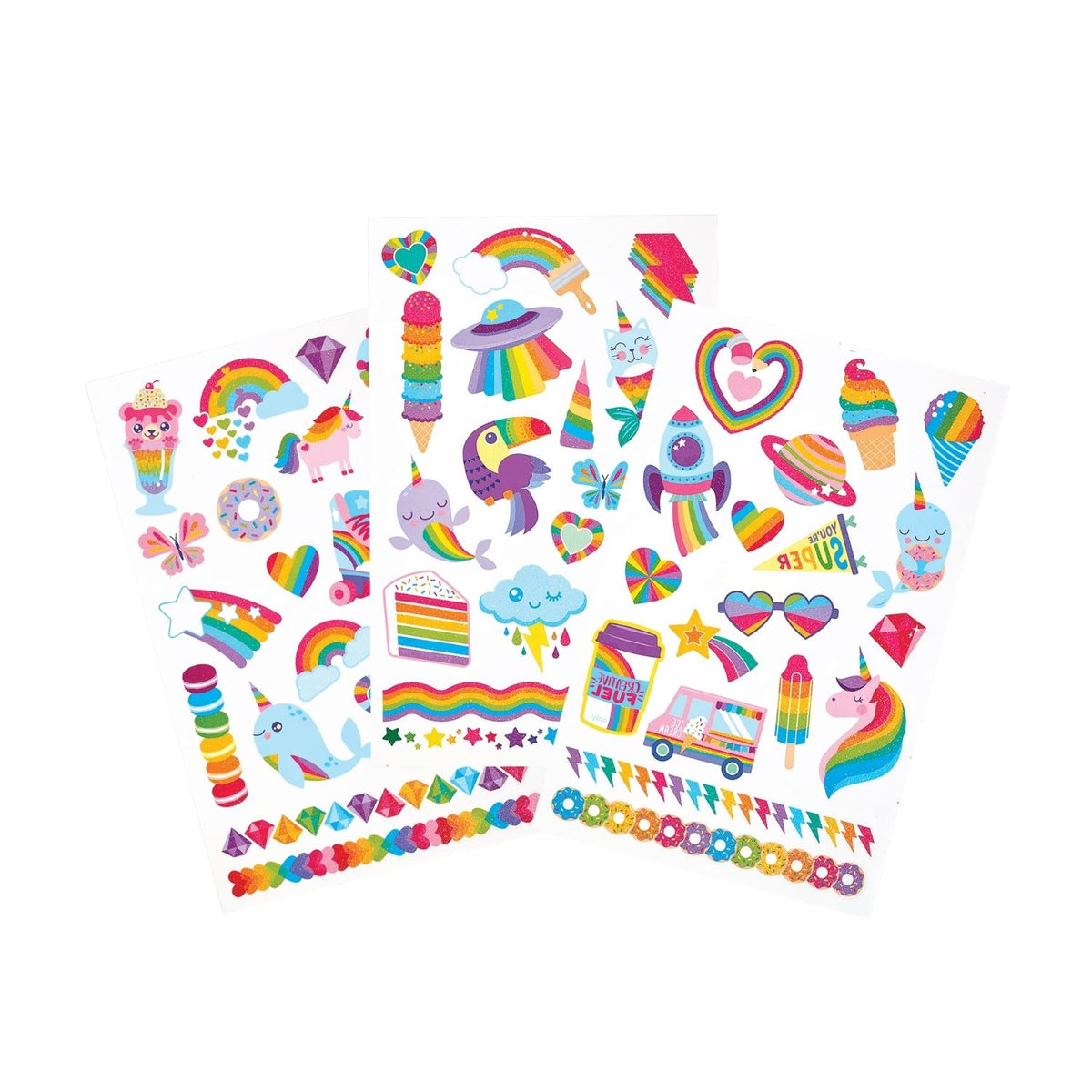 Collection of colorful temporary tattoos with various designs 