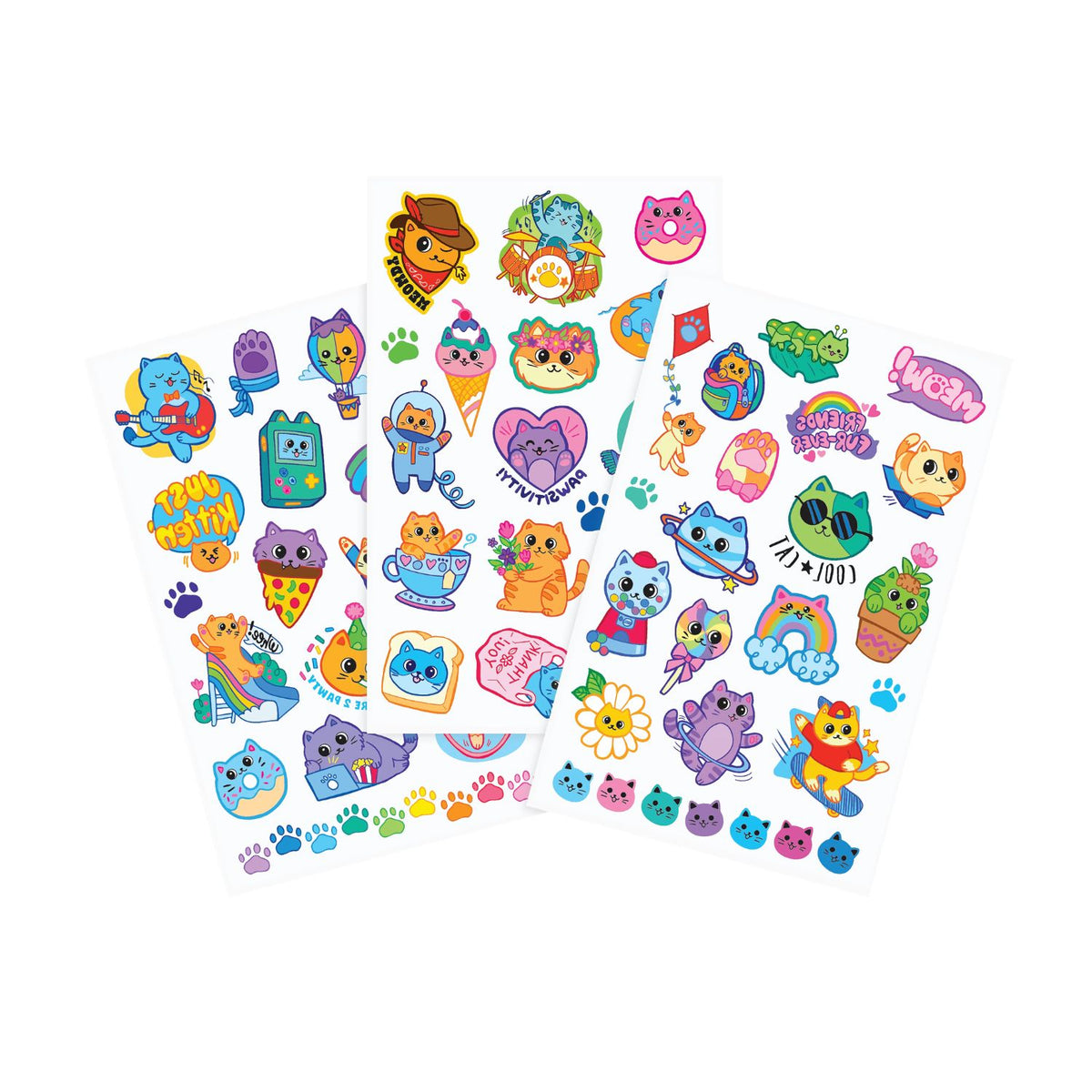 Collection of colourful cartoon, glitter, cat-themed temporary tattoos for kids