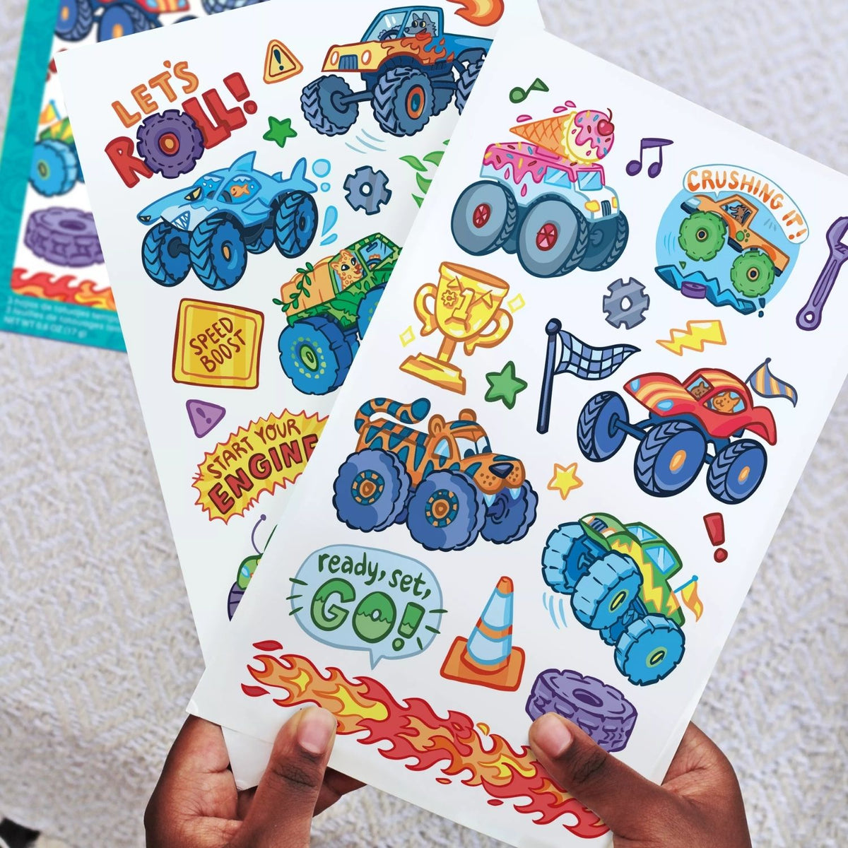 The ultimate monster truck party favour! 3 sheets of bold, temporary tattoos featuring high-octane designs. Perfect for goodie bags, sleepovers, and rainy days.