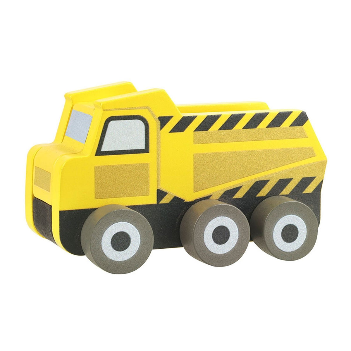 Quality yellow toy dump truck with black and white details on a white background