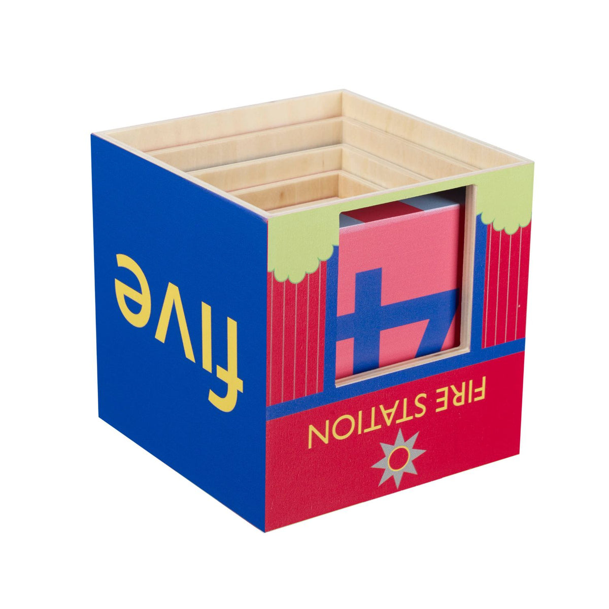 A product shot showing the 5 numbered wooden cubes neatly nested inside each other to demonstrate the space-saving, compact storage design.