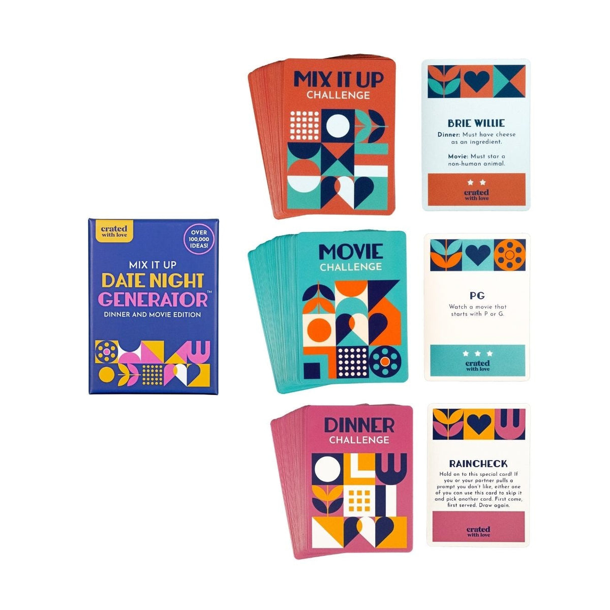 An overhead view of the three card categories-Dinner Challenges, Movie Challenges, and Mix It Up Challenges-each with unique colours and icons.