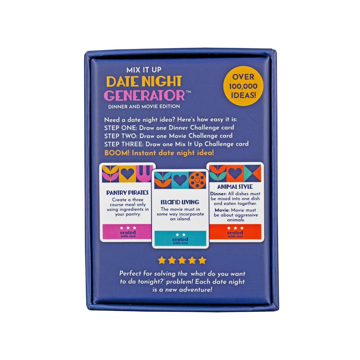 he reverse of the Date Night Generator box showing the "3 Easy Steps" guide and a highlight of the 100,000+ possible combinations.