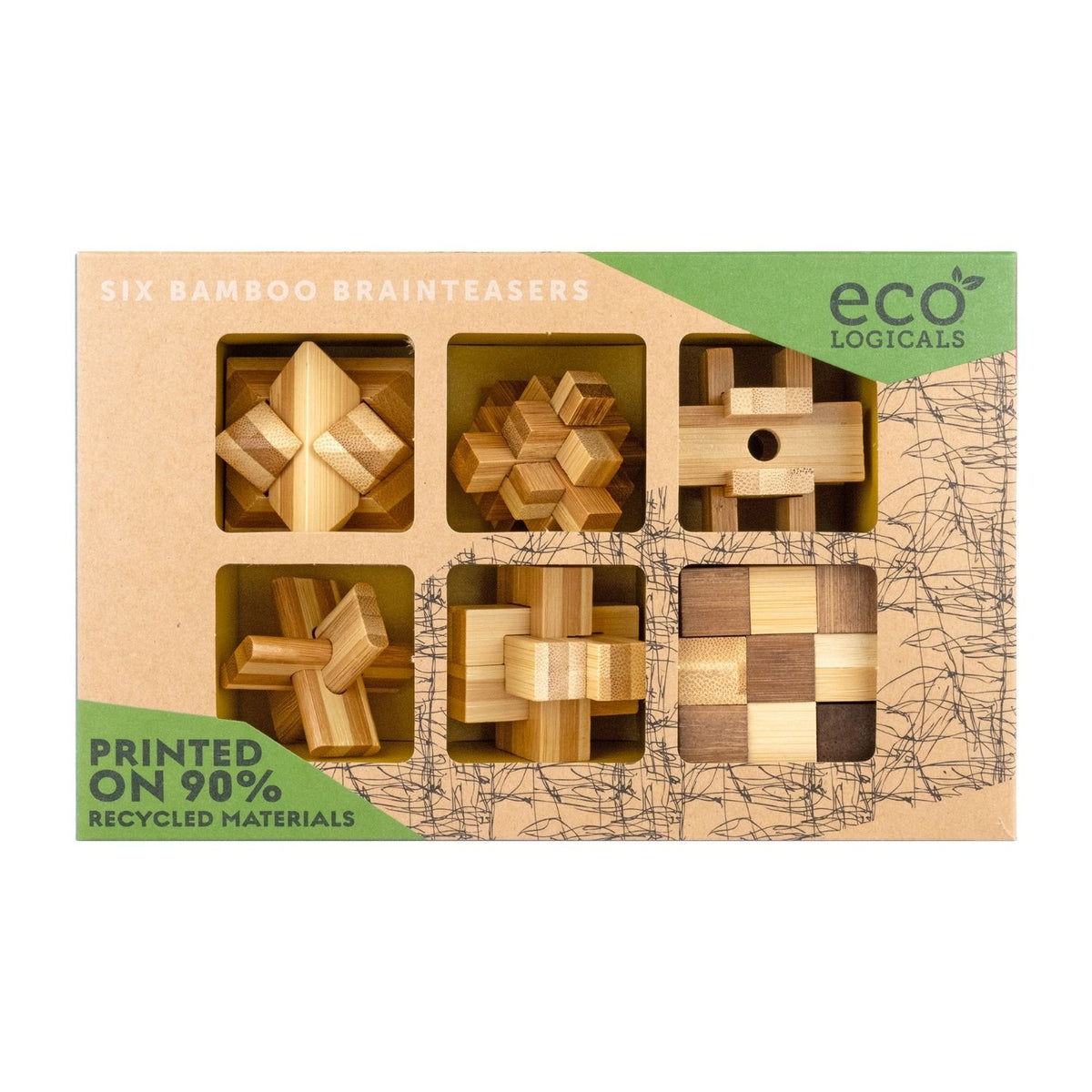 Six sustainable brainteasers in one pack. These bamboo disassembly puzzles for ages nine and up offer varying difficulty levels and screen-free fun.