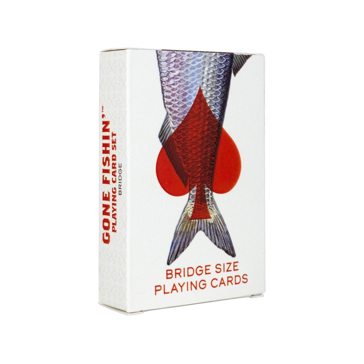 Playing card set packaging with fish design on a white background