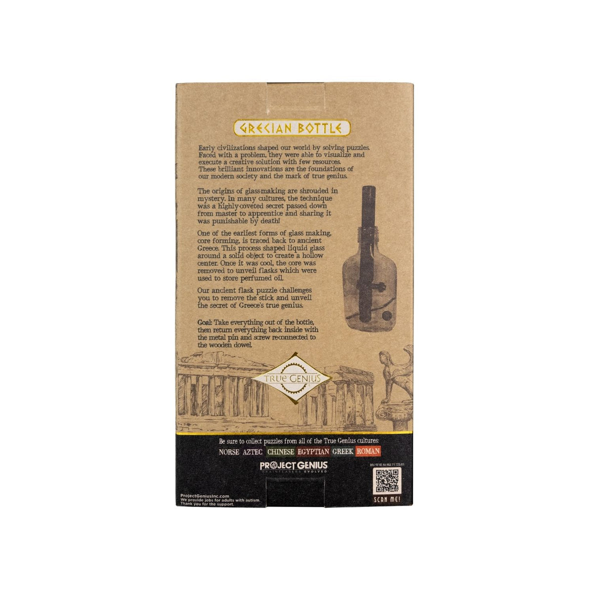 Product packaging explaining a glass bottle brainteaser puzzle for ages eight plus. Test your spatial reasoning and mastery of gravity to solve this Grecian mystery. Difficulty level five.