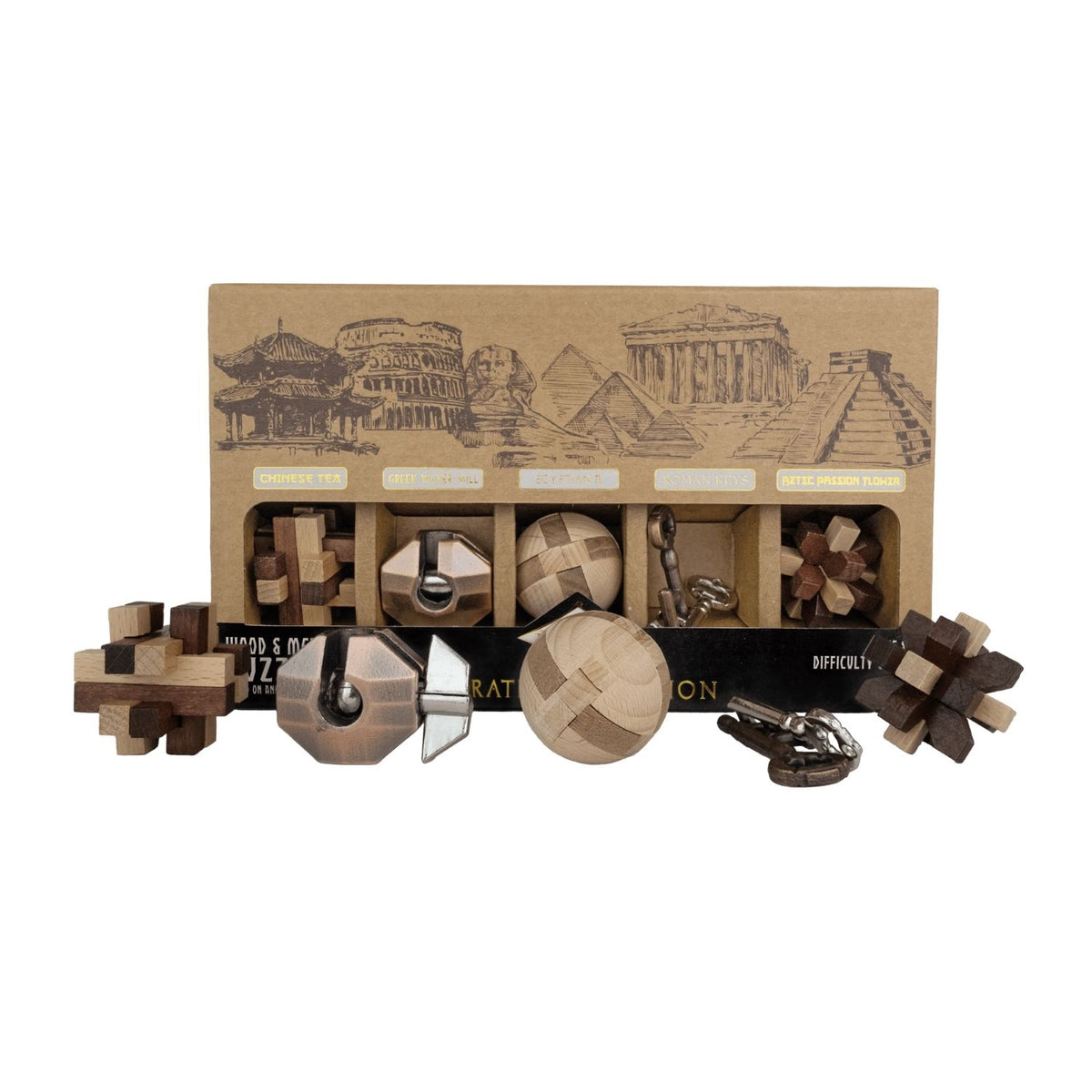 Wooden puzzle set of five educational disassembly puzzles in one box. Test logic and creativity with Roman keys, Egyptian maths, and Aztec history. Great gift for ages eight plus.