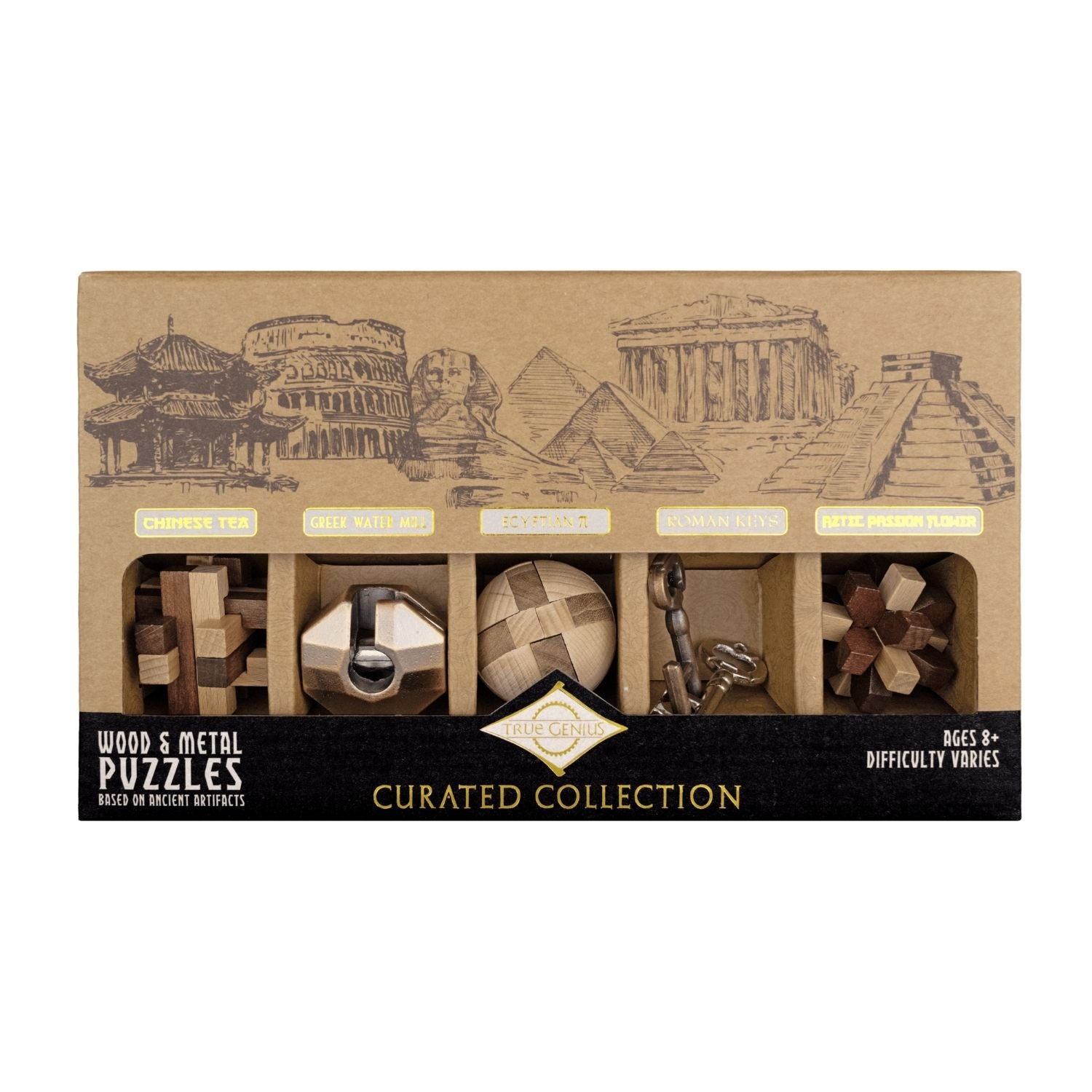 Box of wood and metal puzzles inspired by ancient artifacts.  A historical brainteaser collection for ages eight and up. Master five disassembly puzzles inspired by world cultures. Difficulty levels vary for all skills.