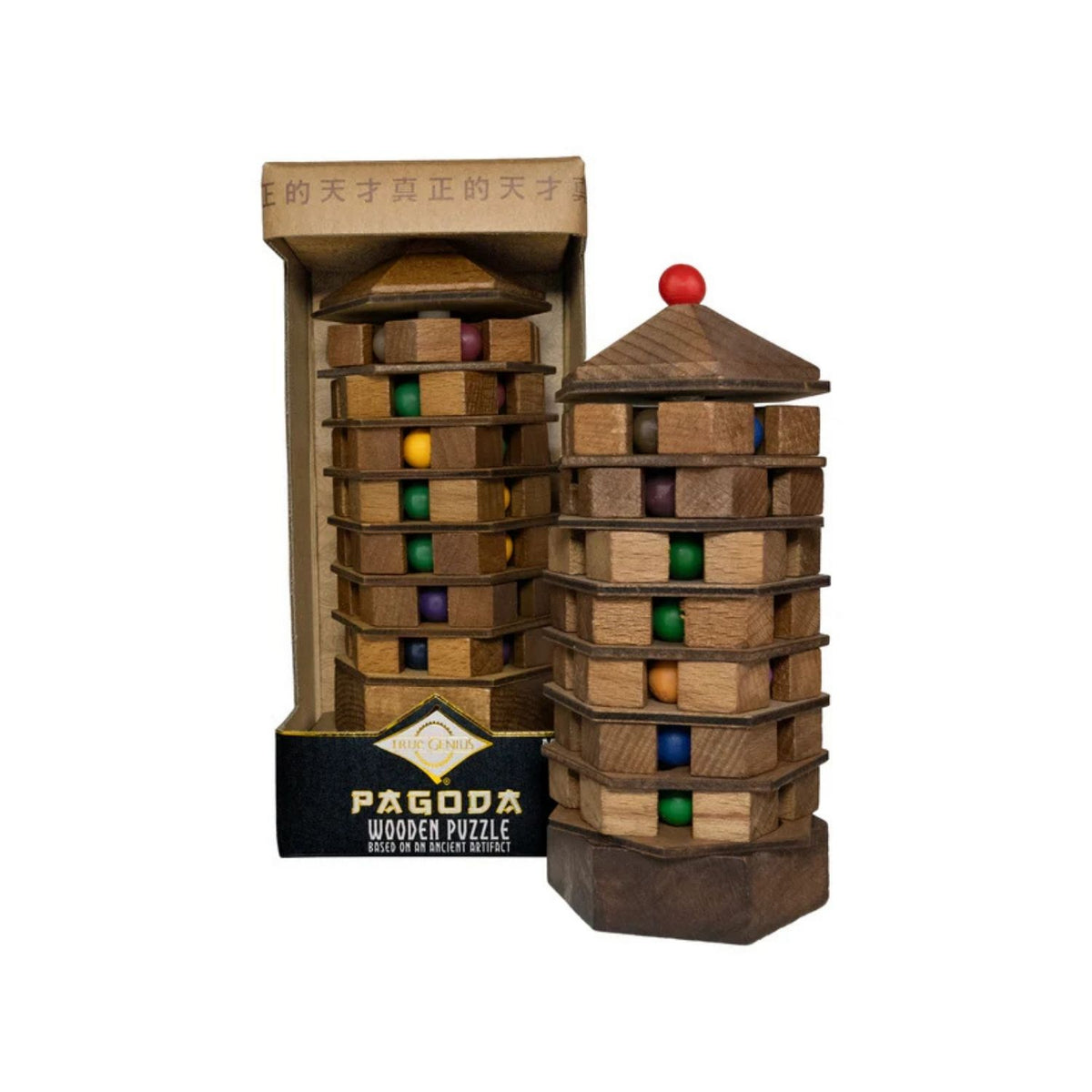 Solve the mysteries of ancient architecture with the Chinese Pagoda puzzle. Tilt and turn the tiers to align colored balls in this level four challenge for ages eight plus.