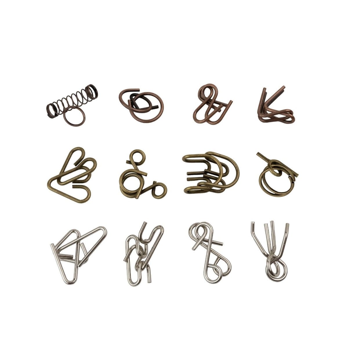 A close-up of several metal disassembly puzzles from the set, showing intricate looped and twisted wire designs inspired by ancient metallurgy.