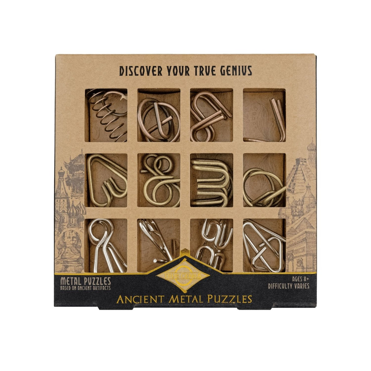 A box of twelve disentanglement puzzles with levels from easy to expert. Perfect for ages eight and up, these metal brainteasers test logic and patience.