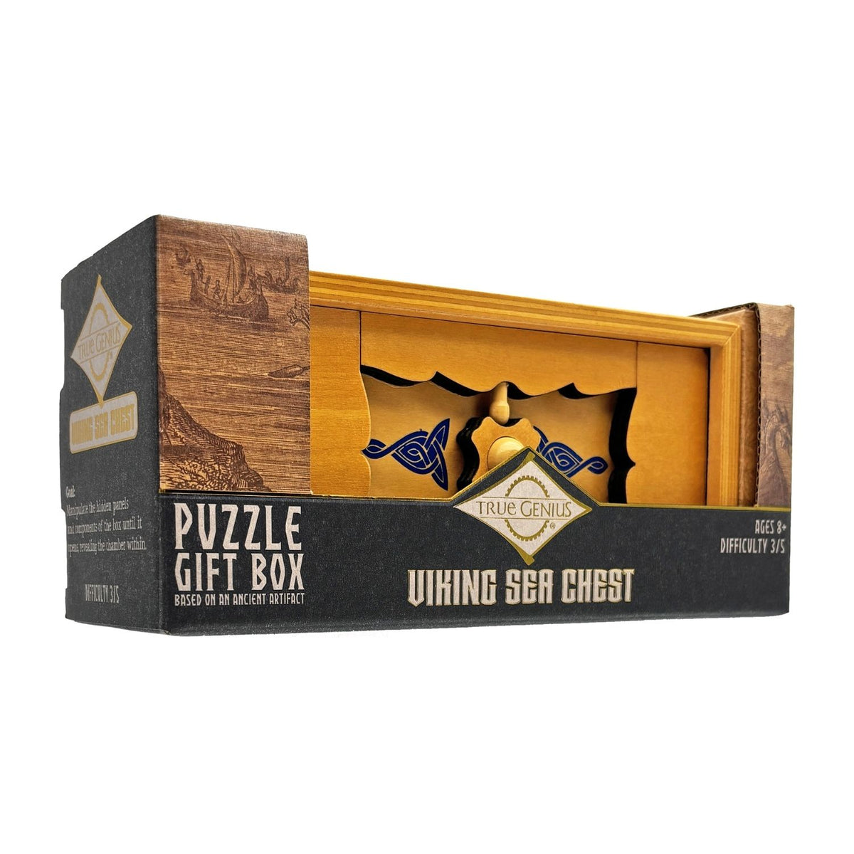 'Viking Sea Chest' with wooden design is an educational gift puzzle inspired by Viking craftsmanship. For ages eight plus requires logic and patience to open. Gift it now.