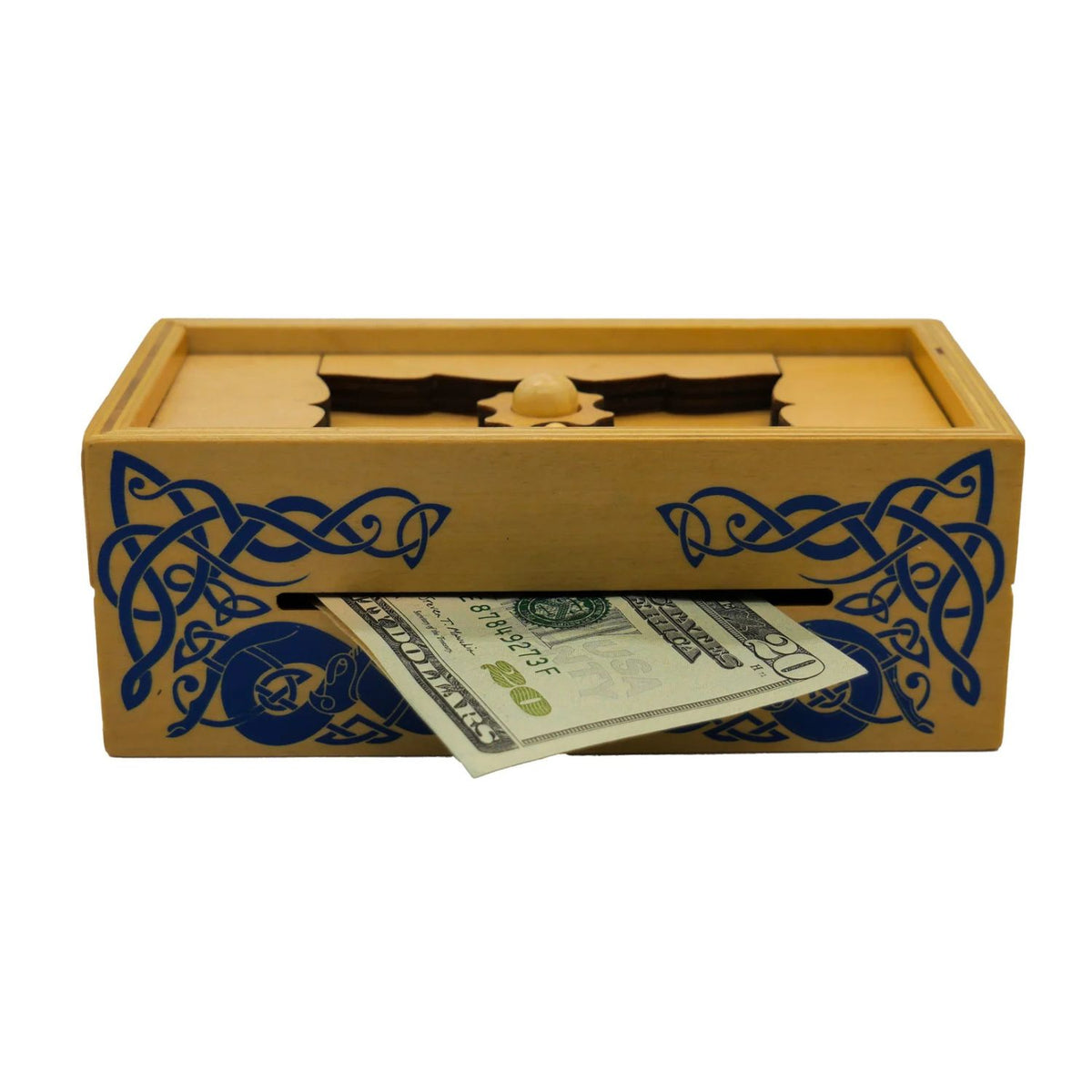 Wooden Viking sea chest with money poking out of it with decorative patterns 