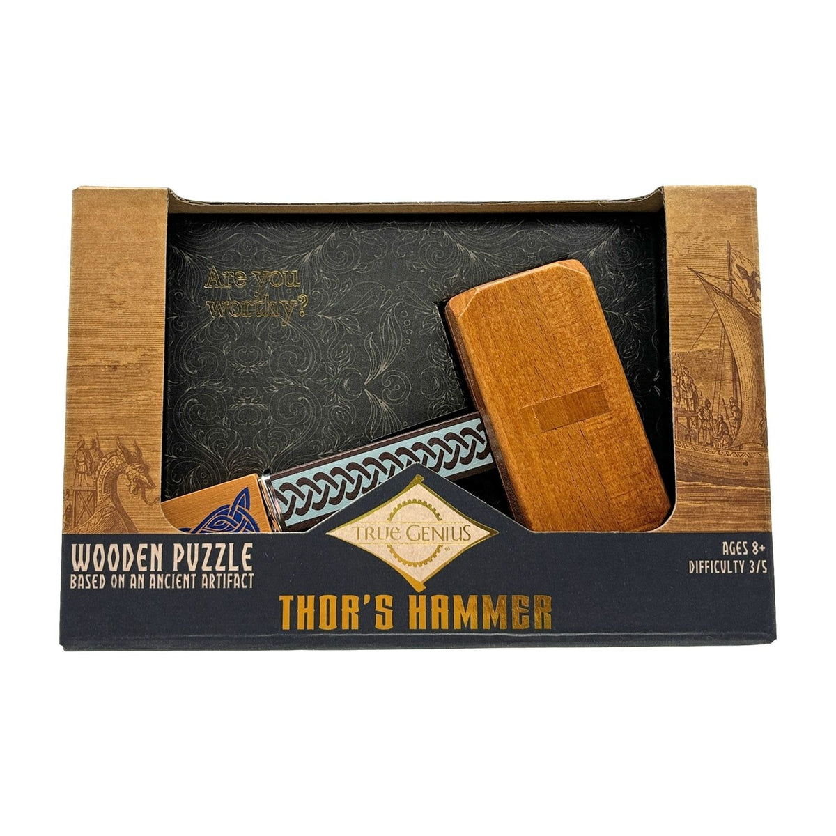 A 3D wooden Thor’s Hammer puzzle featuring a detailed handle and a large, interlocking mallet head inspired by Viking mythology.