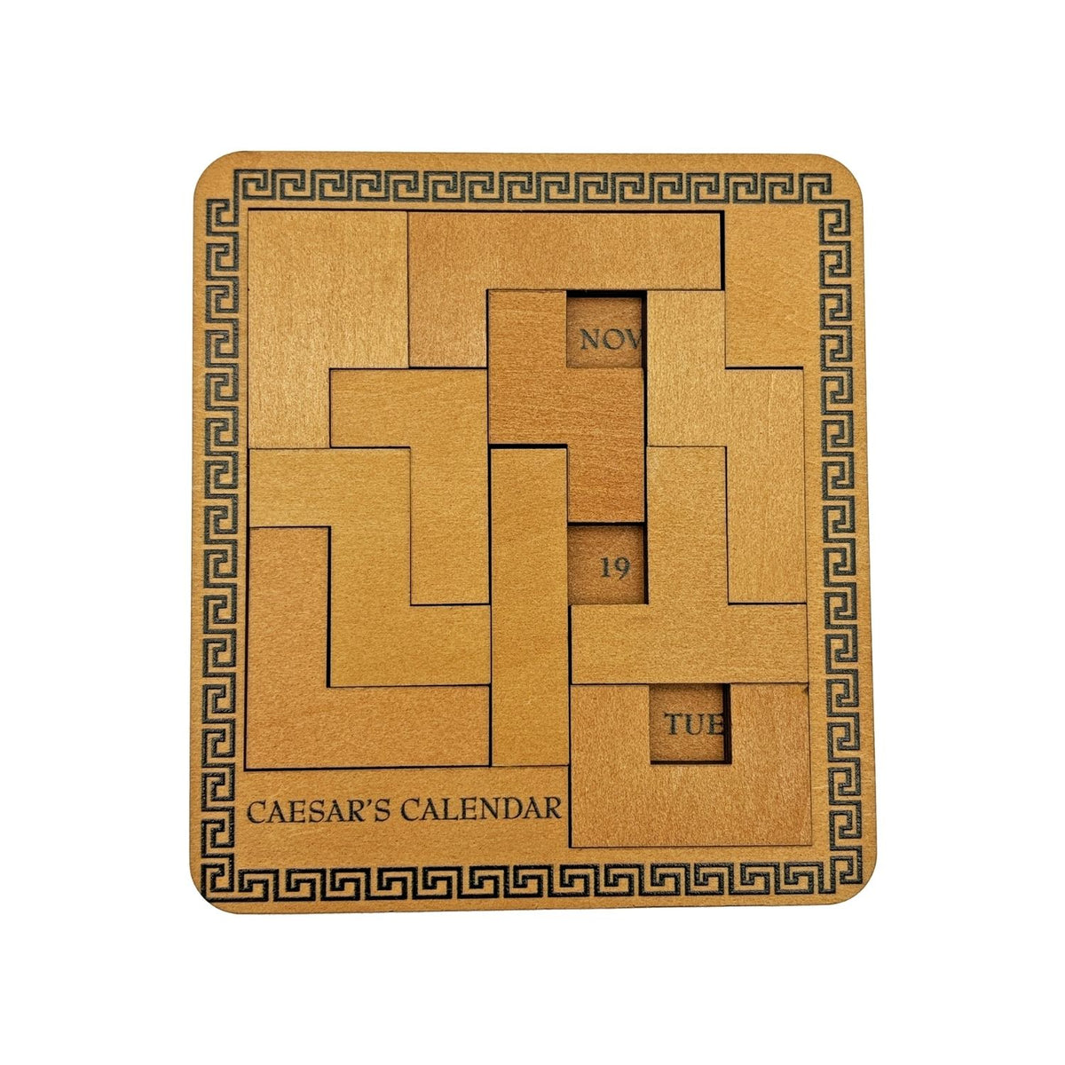 Wooden puzzle calendar - a close-up of the ancient Roman aesthetic and Julian calendar inspired engravings on a level four difficulty wooden logic puzzle.