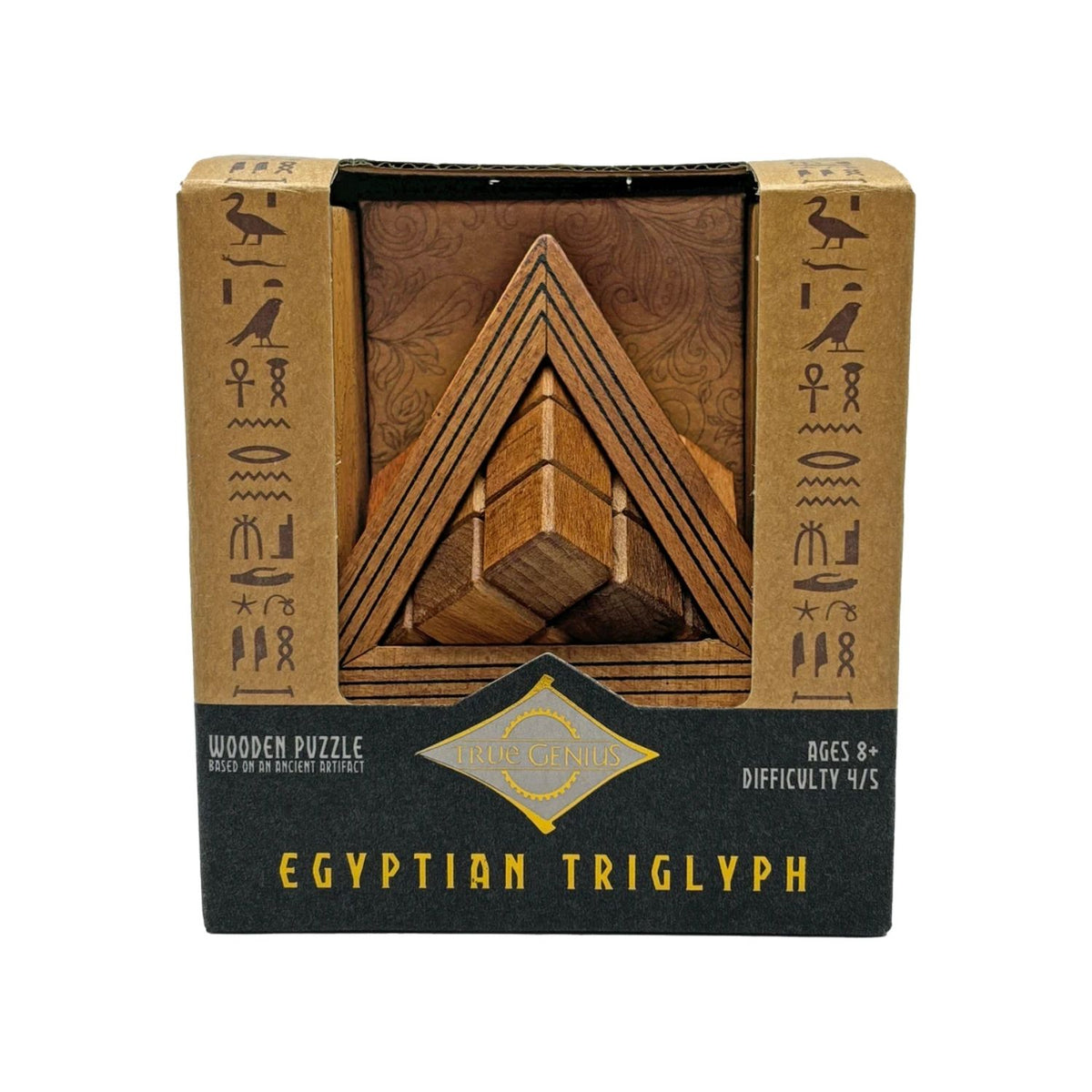 A wooden Egyptian Triglyph puzzle in a pyramid shape, featuring interlocking pieces and a level four difficulty rating for ages eight plus.