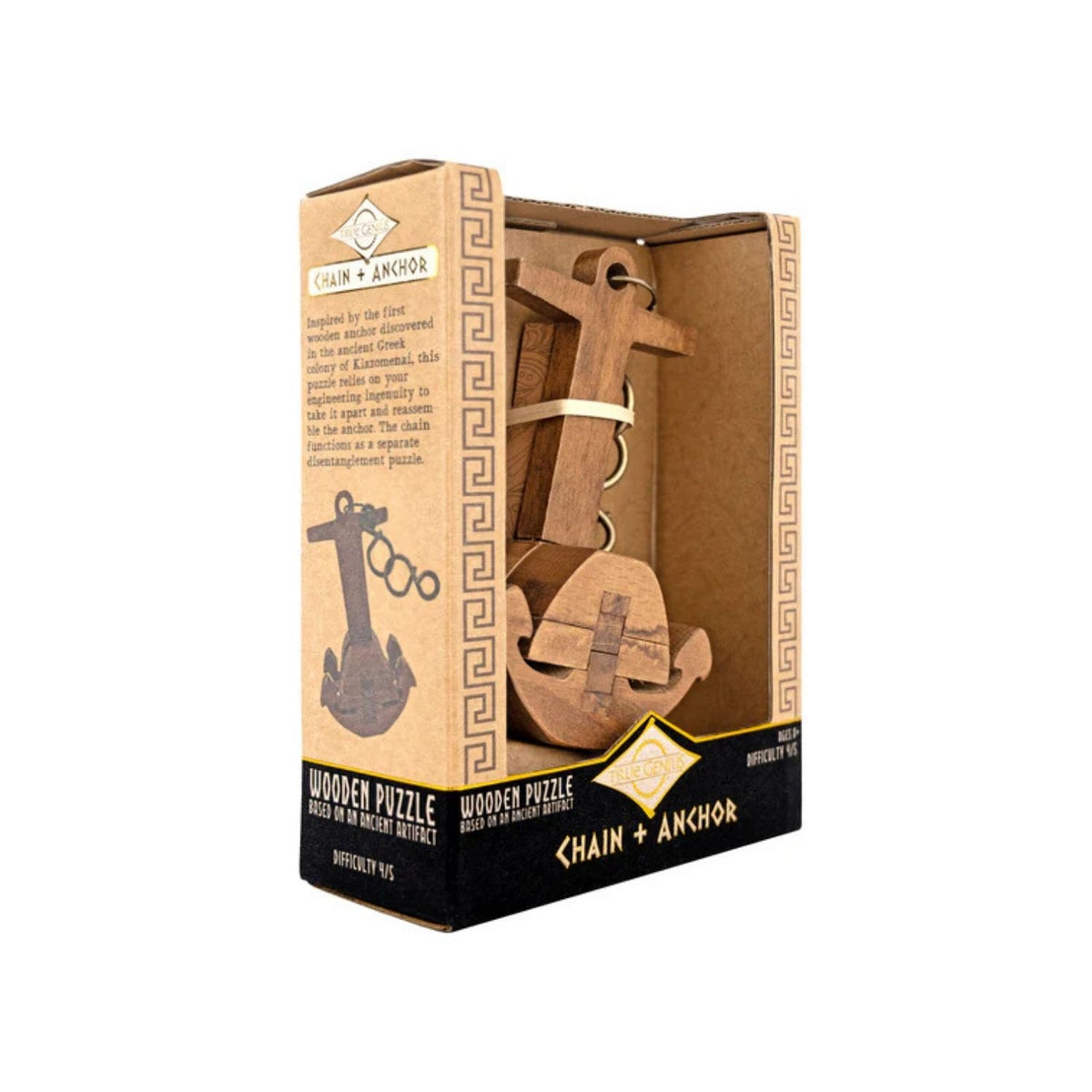 Wooden puzzle chain and anchor packaging on an angle on a white background