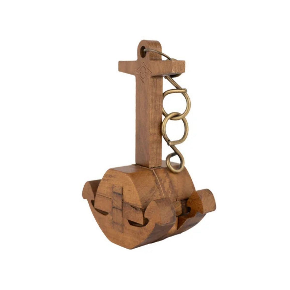 Wooden anchor-shaped puzzle with a brass chain on a white background