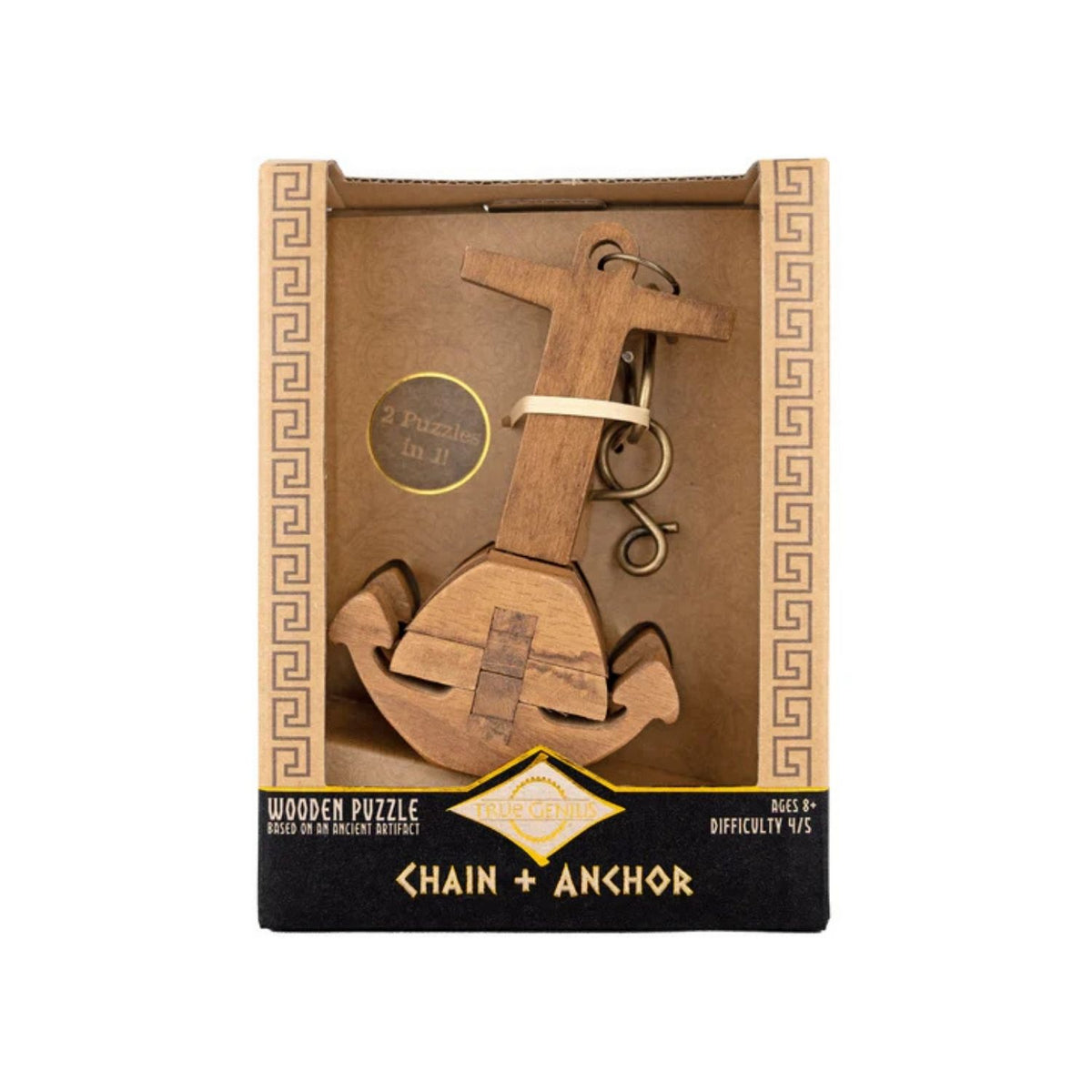 Wooden puzzle toy with chain and anchor design in packaging