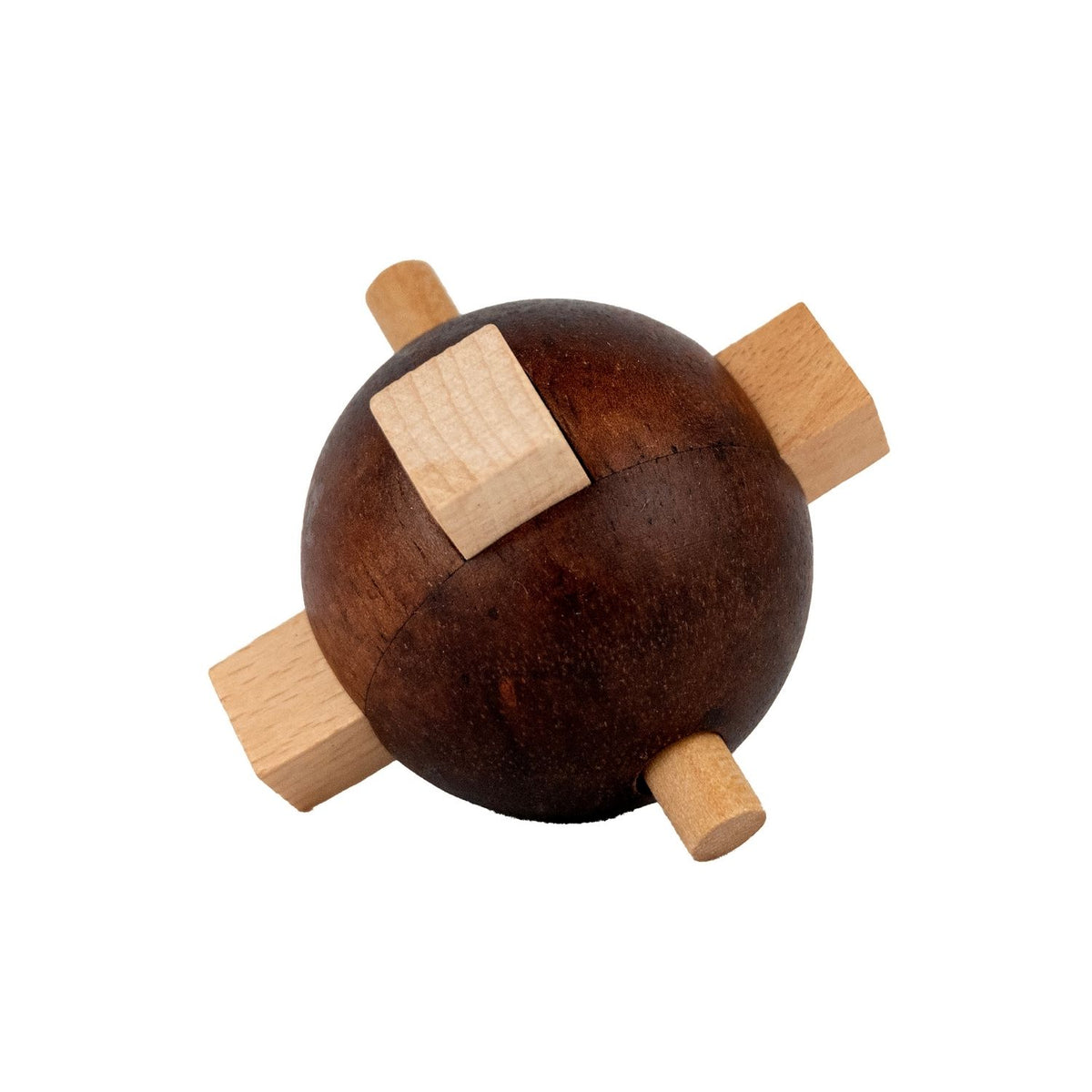 A detailed view of the wooden Egyptian Knot disassembly puzzle, showing intricate interlocking wooden pieces inspired by ancient surveyors.