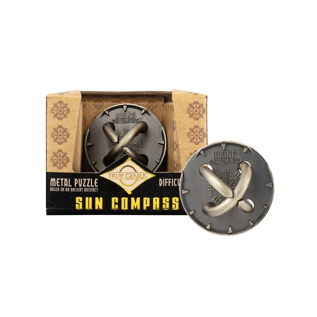 The retail box for the Viking Sun Compass puzzle, showing the "Project Genius" branding, age eight plus label, and difficulty rating.