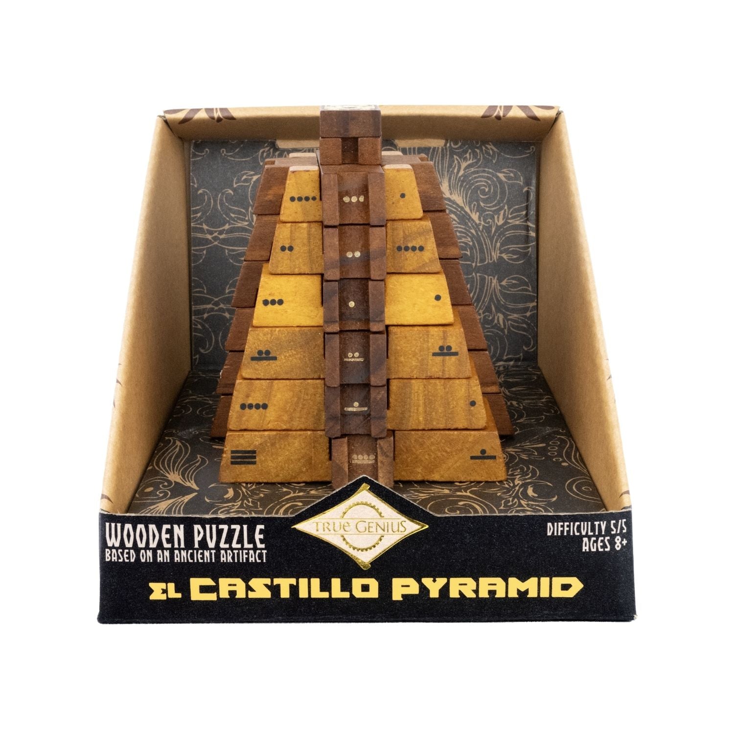 A three-dimensional wooden pyramid puzzle inspired by ancient Mayan architecture. The design features tiered blocks and a symmetrical structure for ages eight and up.