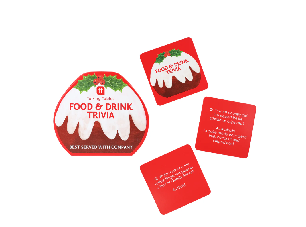 Set of food and drink trivia cards on a white background