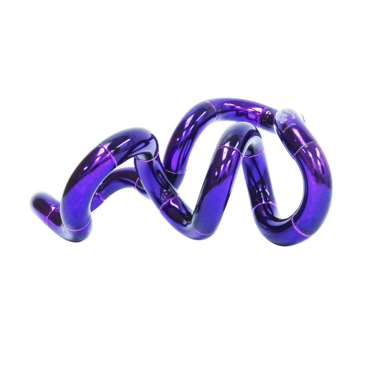 the Purple edition of the Tangle Metallic arranged in a wavy, sculptural pose, featuring a deep amethyst chrome coating that catches the light with a brilliant mirror finish.