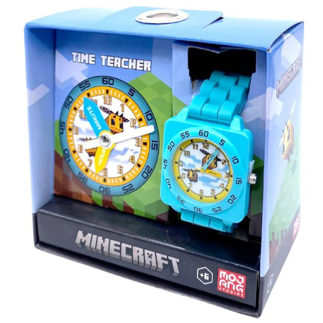 Minecraft-themed children's watch in packaging with blue strap and colorful face.