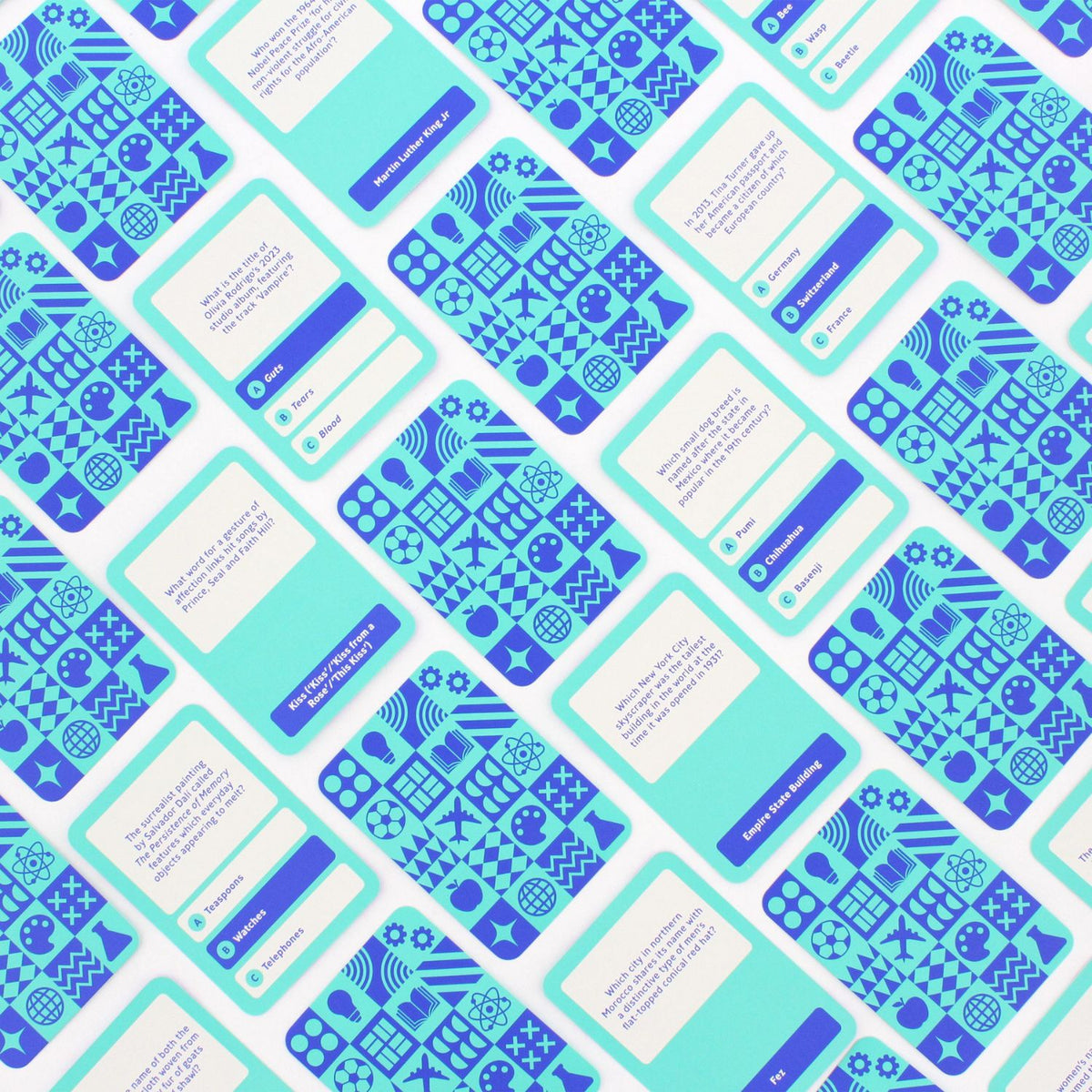 general knowledge trivia game bursting with a variety of topics to challenge and entertain everyone, in blue packaging