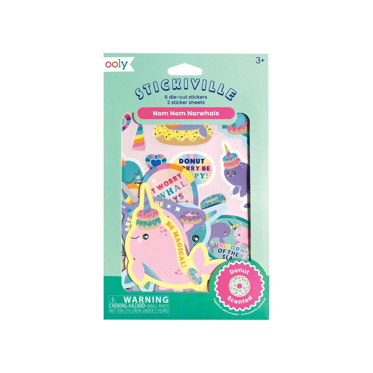 Pack of Stickiville stickers with cartoon narwhals on a light green background