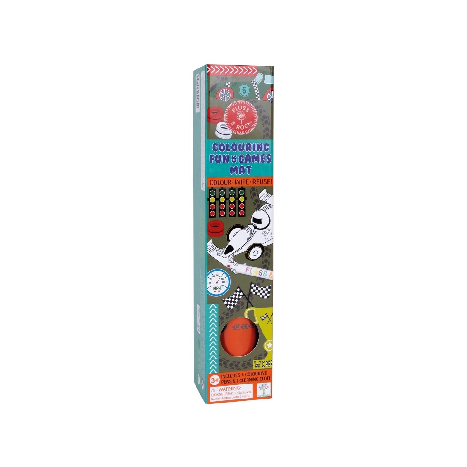 Packaging of a Colouring Fun and Games Mat with a car theme, including a silicone mat, pens, and a cleaning cloth.