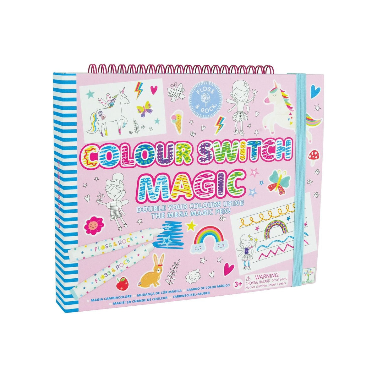 A colorful art and craft activity book titled &#39;Colour Switch Magic&#39; featuring various drawings and designs, with pens and other craft materials included.