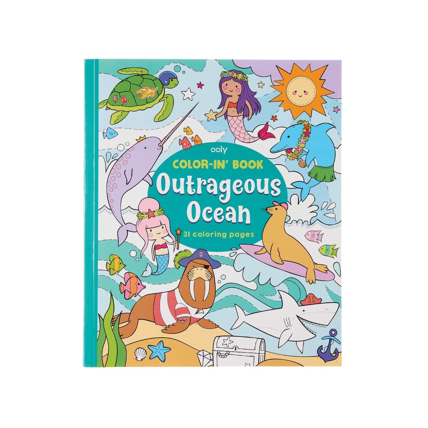 Cover of the 'Outrageous Ocean Colouring Book' featuring colorful illustrations of sea creatures and a child with a bucket.