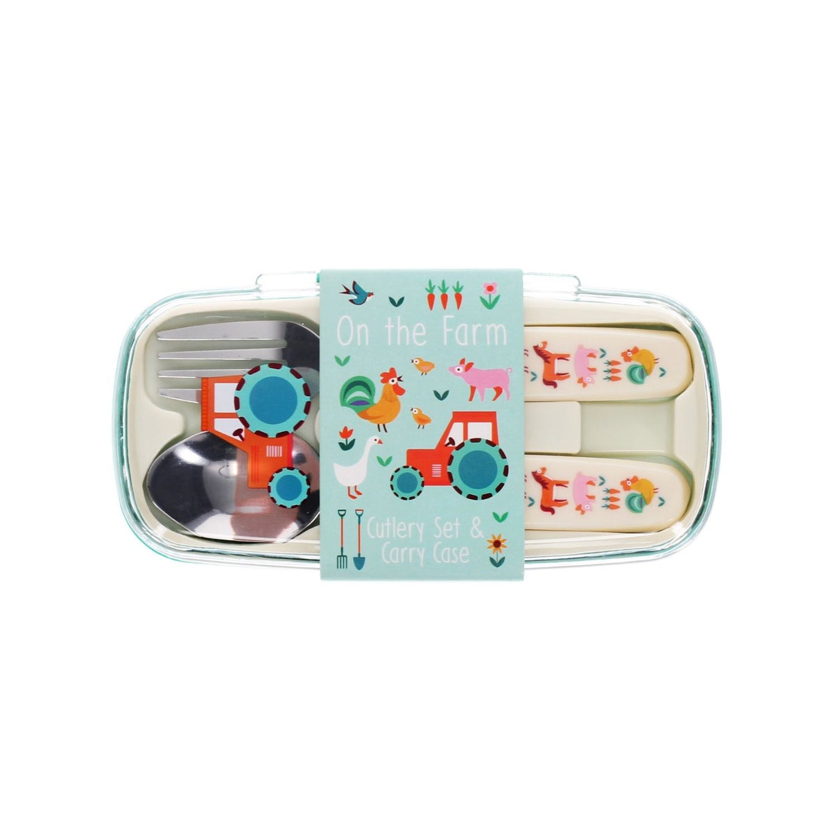 Children&#39;s cutlery set with farm-themed design on a white background