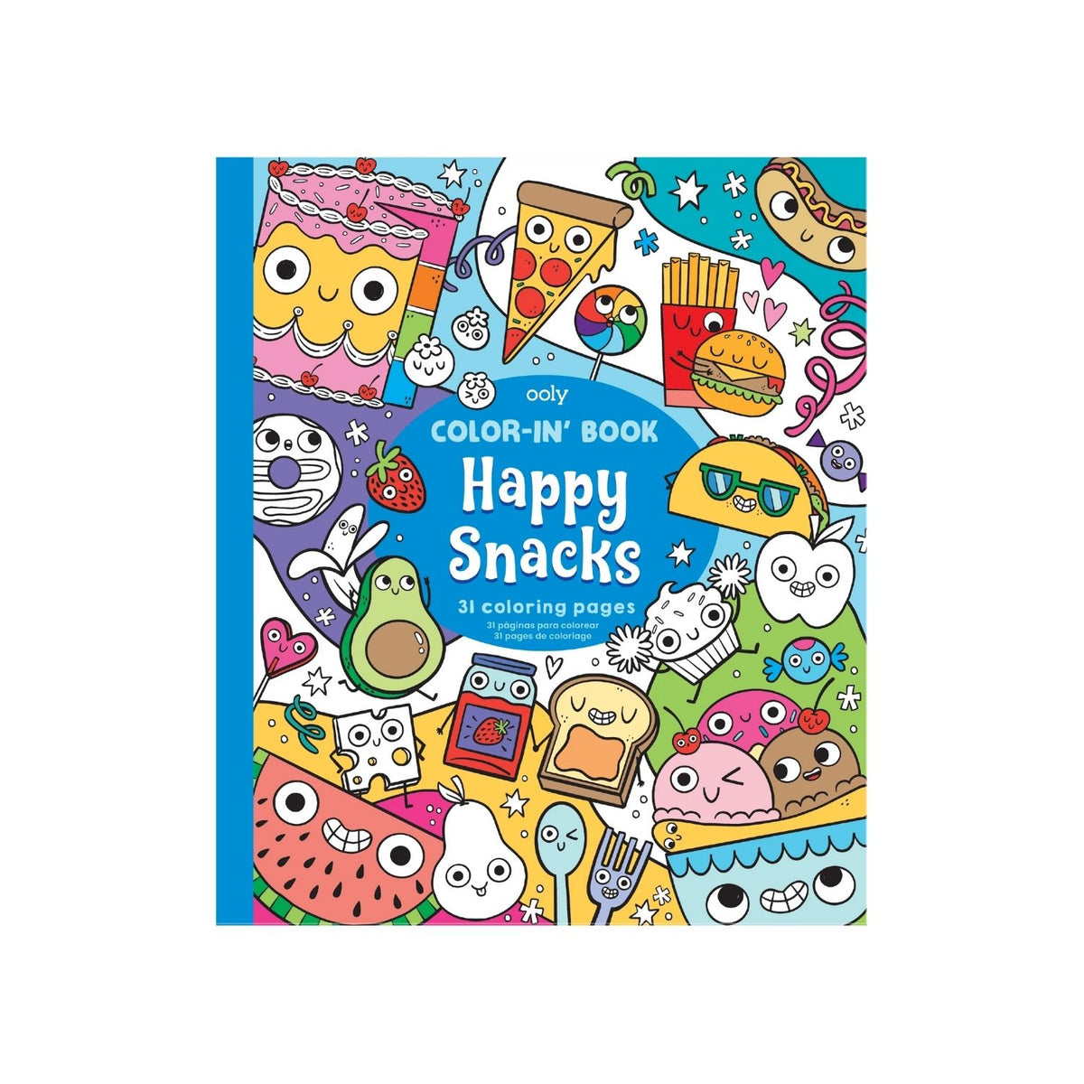 A colorful cover of &#39;Happy Snacks Colouring Book&#39; featuring various cartoon snack characters like pizza, ice cream, and cupcakes.