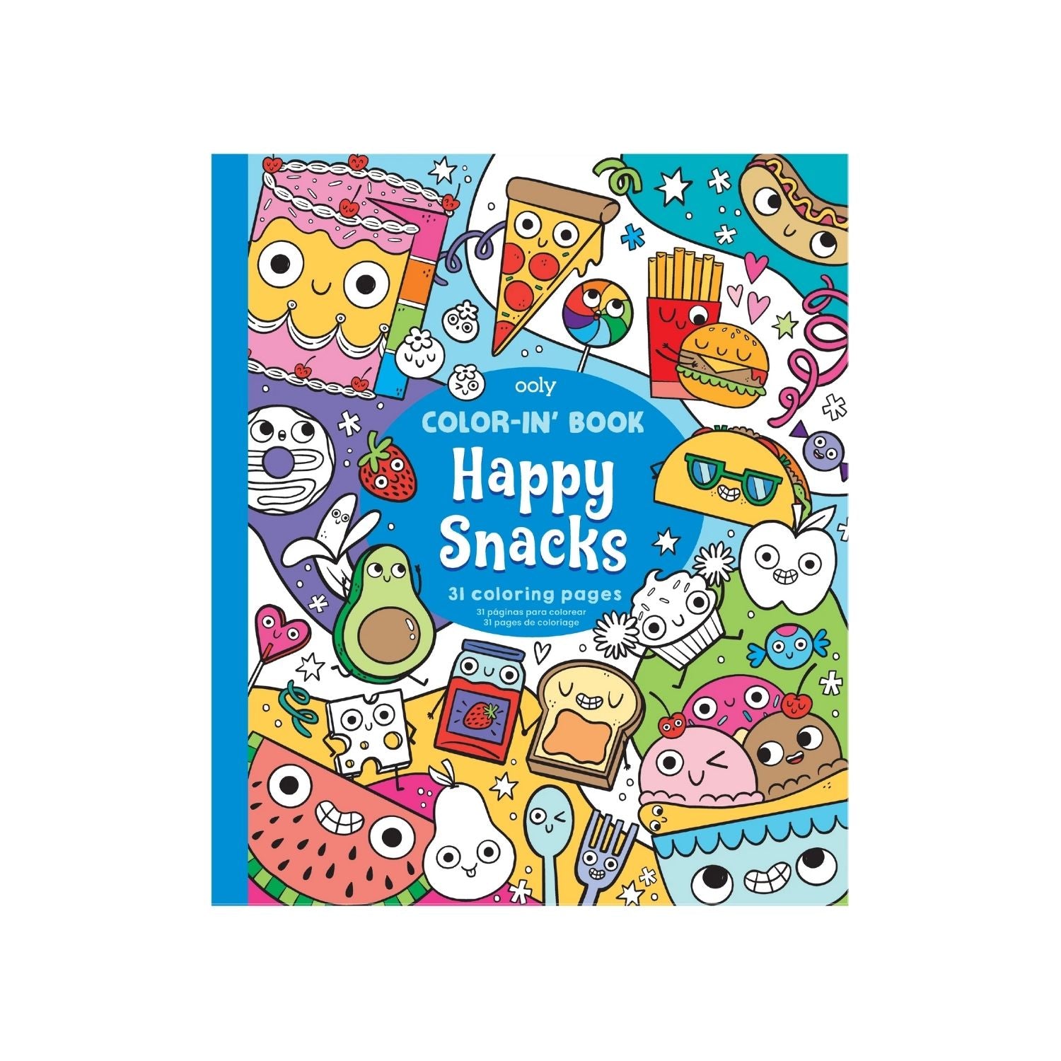 A colorful cover of 'Happy Snacks Colouring Book' featuring various cartoon snack characters like pizza, ice cream, and cupcakes.