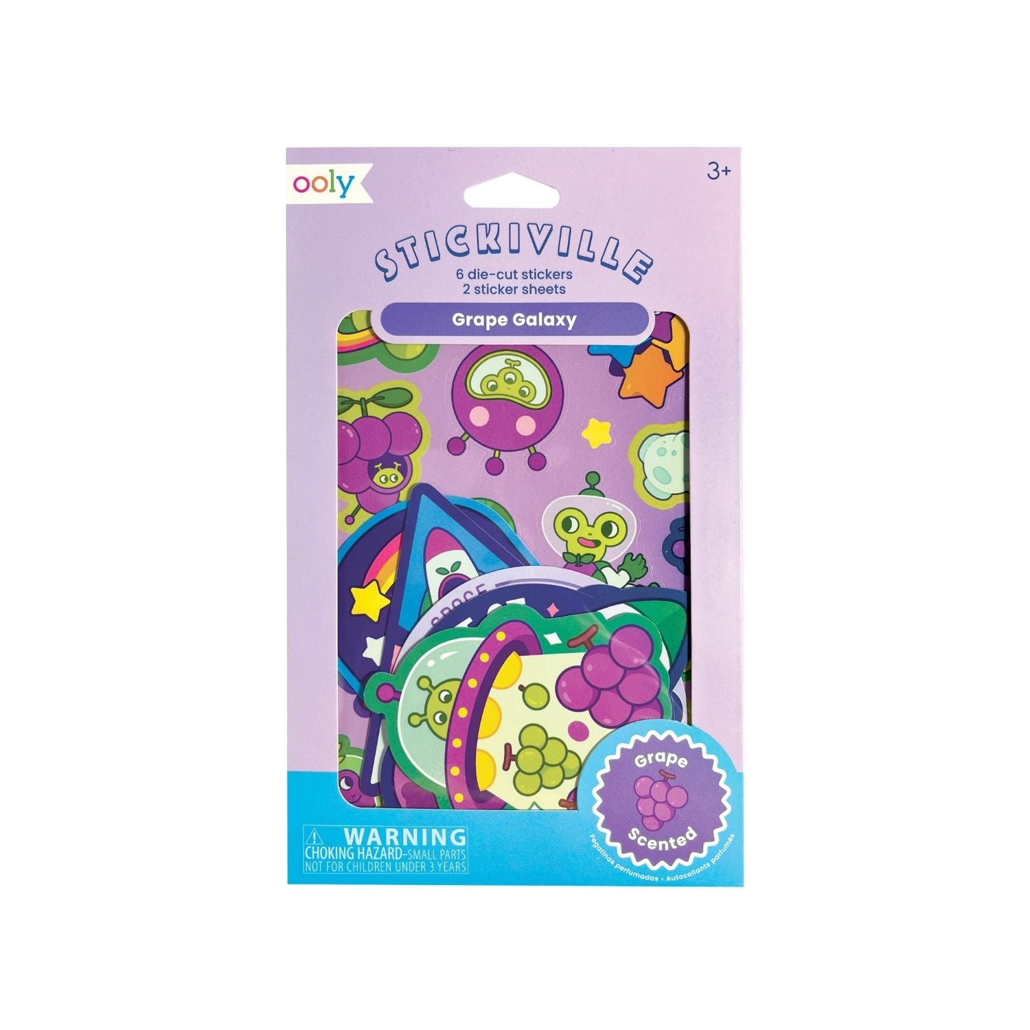 Packaged stickers with colorful designs on a purple background