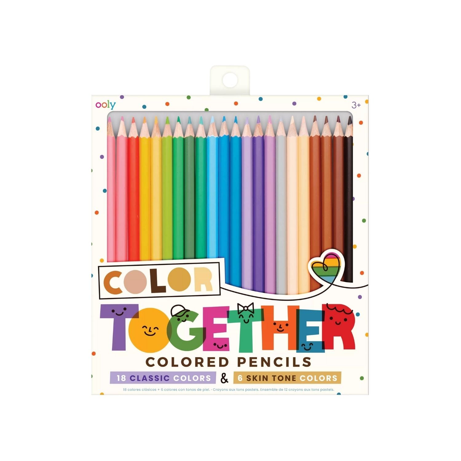 A pack of 24 Colour Together colored pencils in a variety of classic and skin tone colors, displayed in a clear box with a colorful design and branding.