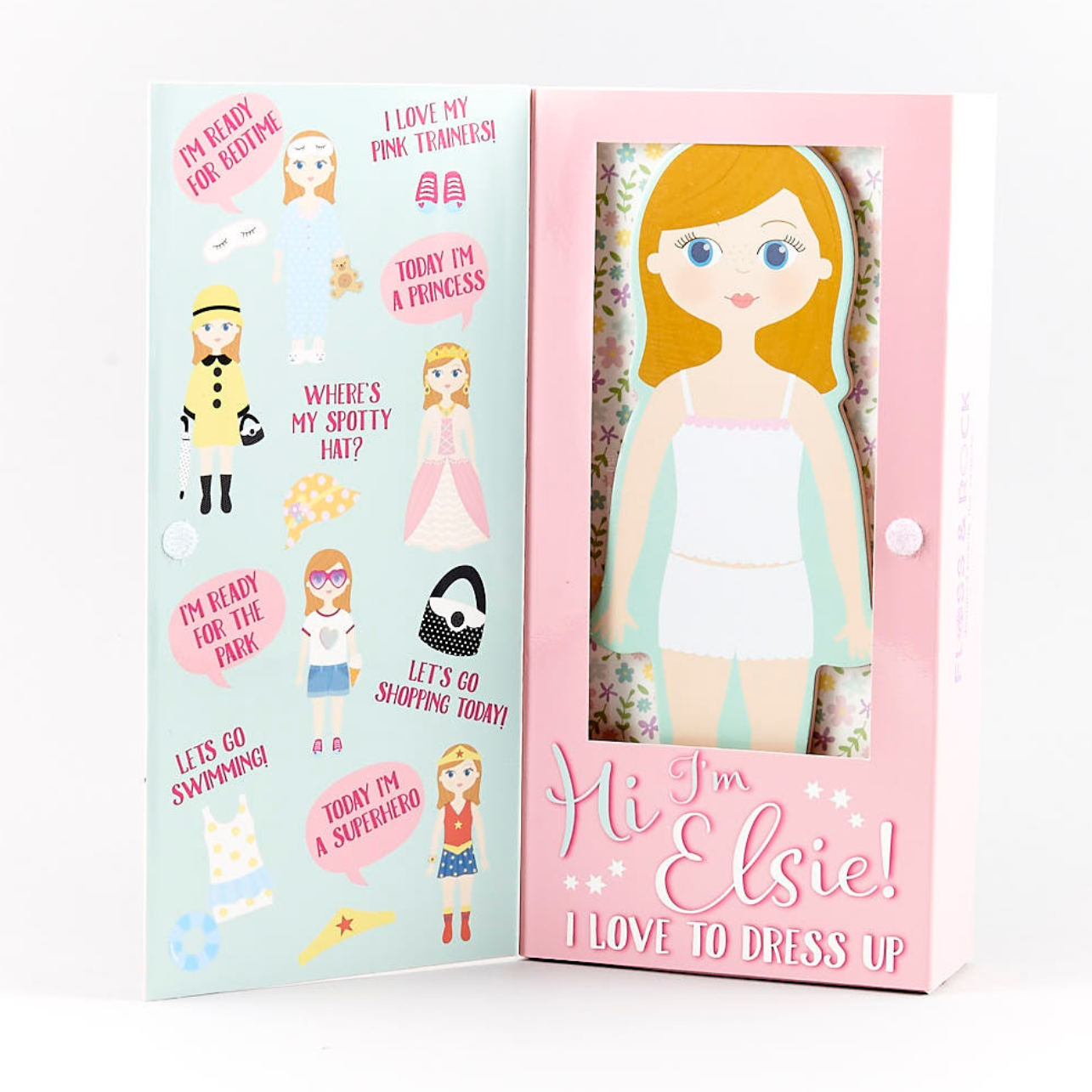 Dress up doll with a pink box featuring character illustrations on a white background