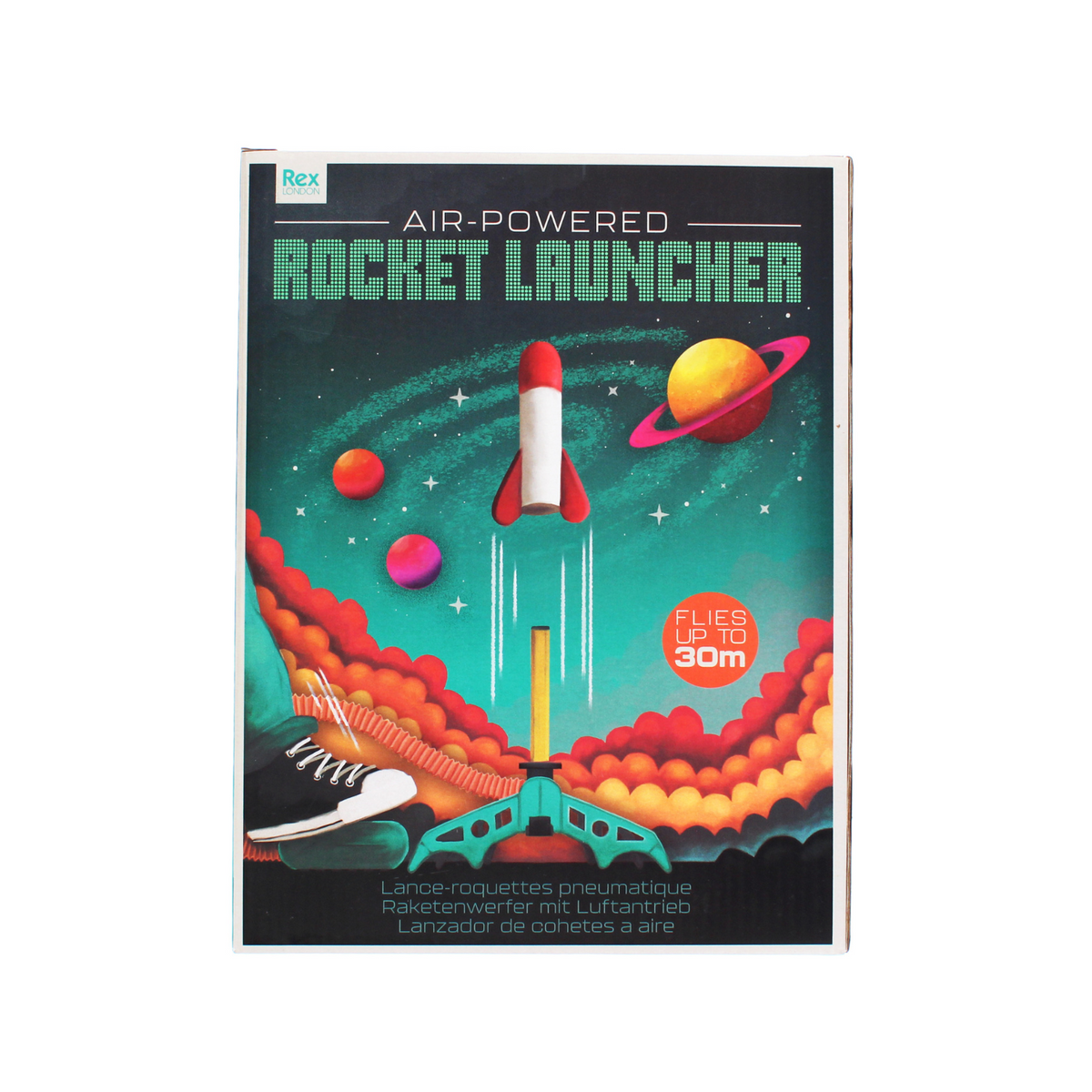 Box for an air-powered rocket launcher with space-themed design